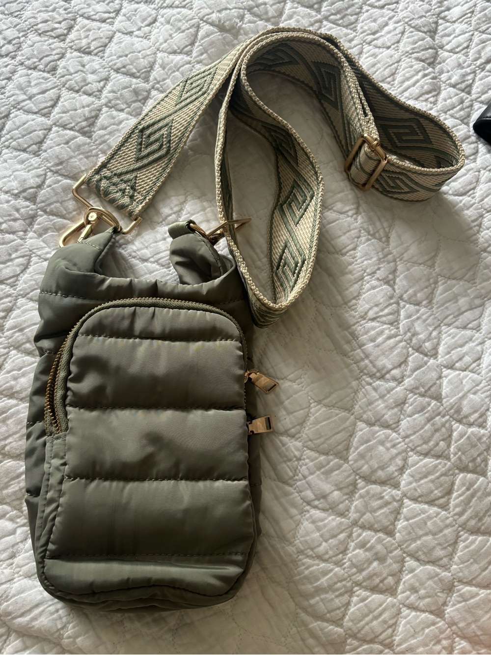 Quilted Sage Green Crossbody Bag with Patterned Woven Strap